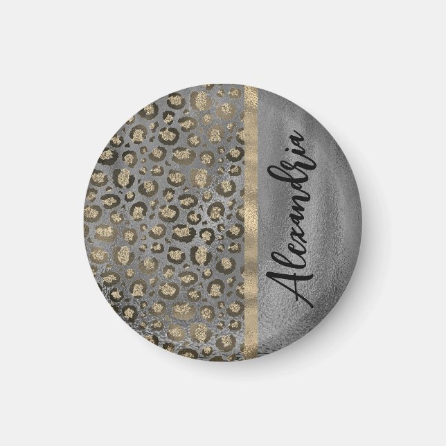 Glittery Leopard Print on Gray  Personalized  Magnet (Front)