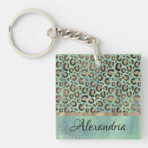 Glittery Leopard Print on Green Personalised Key Ring