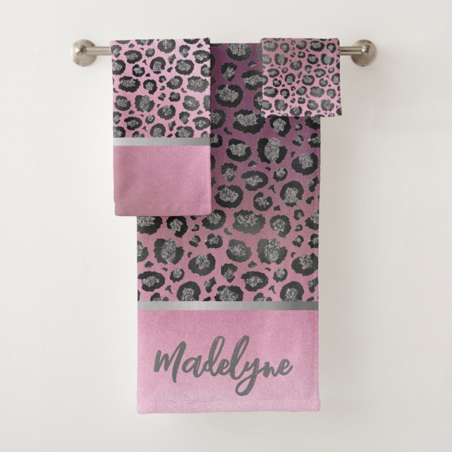 Glittery Leopard Print on Pink Personalised  Bath Towel Set (Insitu)