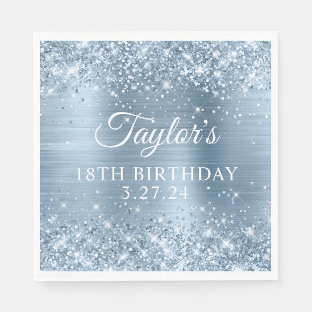 Glittery Light Blue Foil 18th Birthday Napkin (Front)