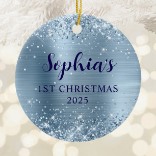 Glittery Light Blue Foil 1st Christmas Photo Ceramic Ornament