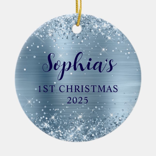 Glittery Light Blue Foil 1st Christmas Photo Ceramic Ornament (Front)