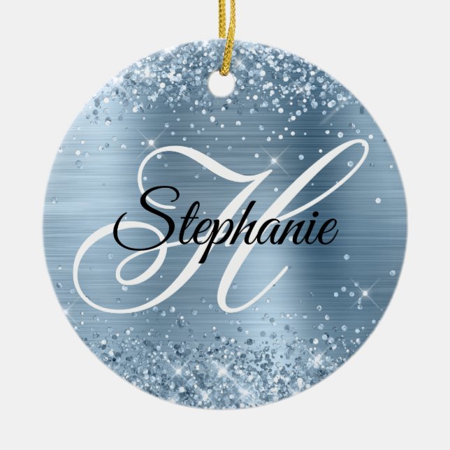 Glittery Light Blue Foil Fancy Monogram Ceramic Ornament (Front)