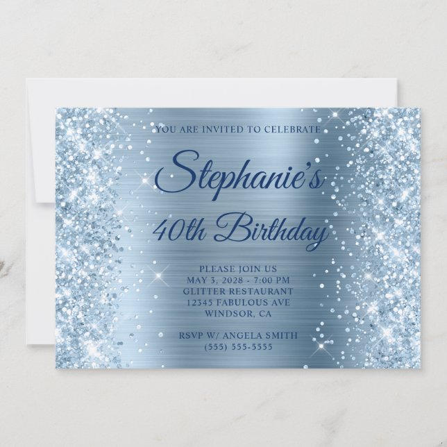 Glittery Light Blue Foil Monogram 40th Birthday Invitation (Front)