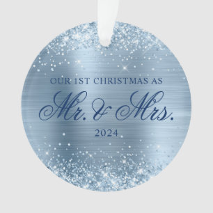Glittery Light Blue Foil Our 1st Christmas Photo Ornament