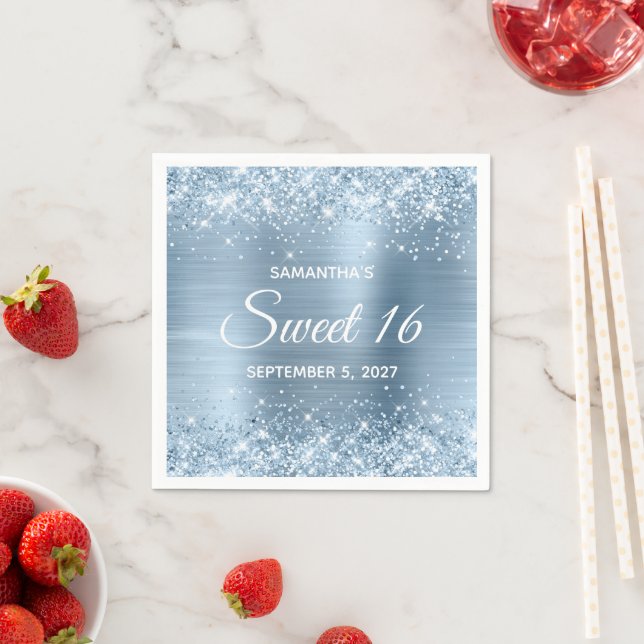 Glittery Light Blue Foil Sweet 16 Napkin (Insitu)