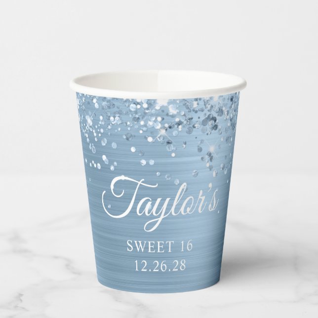 Glittery Light Blue Foil Sweet 16 Paper Cups (Left)