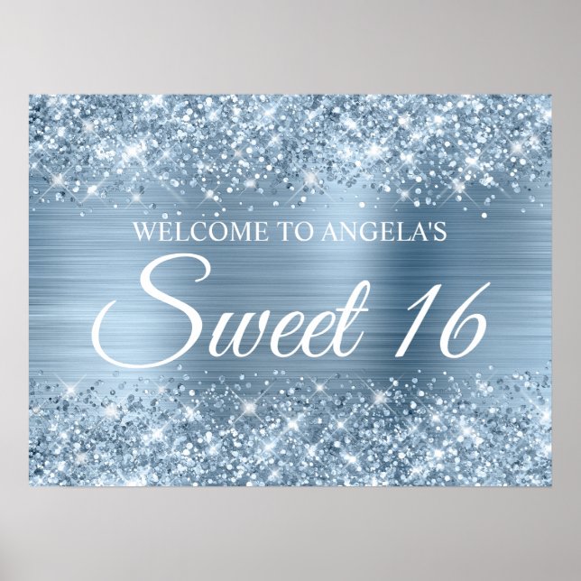 Glittery Light Blue Foil Sweet 16 Welcome Poster (Front)