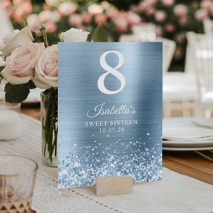 Glittery Light Blue Sweet Sixteen Table Number