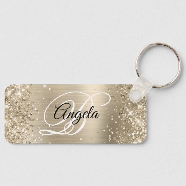 Glittery Light Gold Foil Fancy Monogram Key Ring (Front)