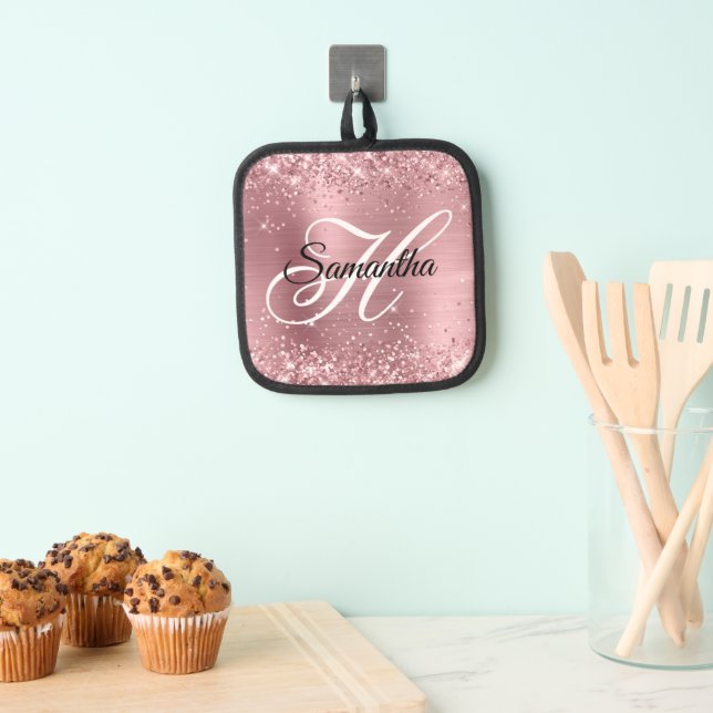 Glittery Light Pink Foil Fancy Monogram Pot Holder (Insitu(Hanging))
