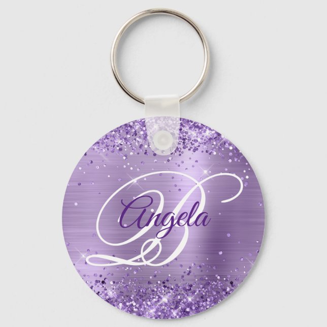Glittery Light Purple Foil Fancy Monogram Key Ring (Front)