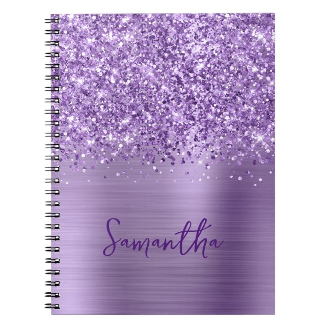 Glittery Light Purple Glam Script Name Notebook (Front)