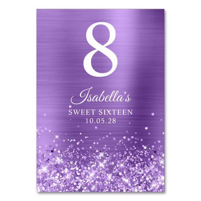 Glittery Light Purple Sweet Sixteen Table Number (Front)