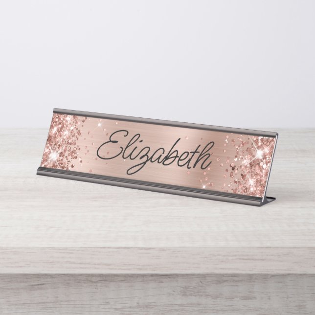 Glittery Light Rose Gold Foil Monoline Script Desk Name Plate (Front)