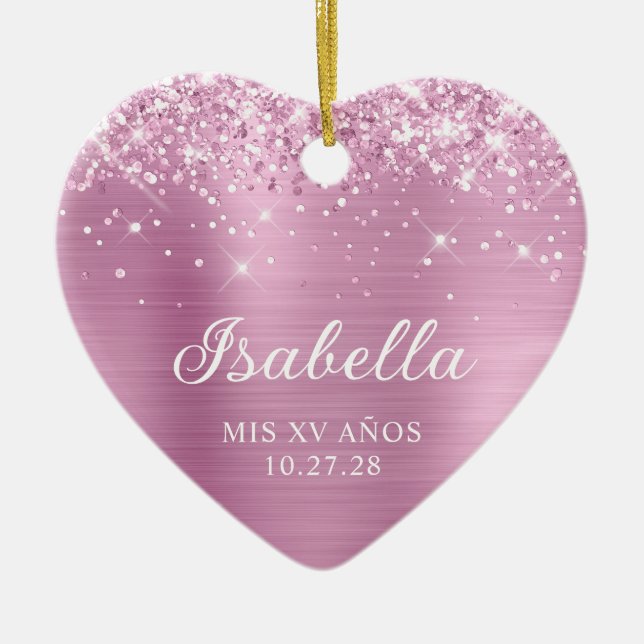 Glittery Light Rose Pink Foil Mis XV Anos Photo Ceramic Ornament (Front)