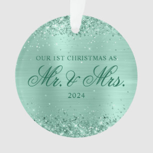 Glittery Light Teal Foil Our 1st Christmas Photo Ornament