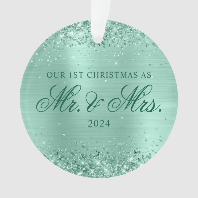 Glittery Light Teal Foil Our 1st Christmas Photo Ornament (Front)
