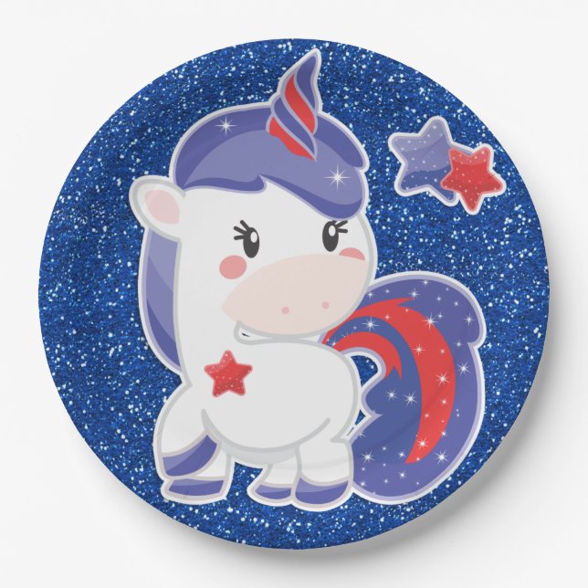 Glittery Magical 4th of July Unicorn Celebration Paper Plate (Front)
