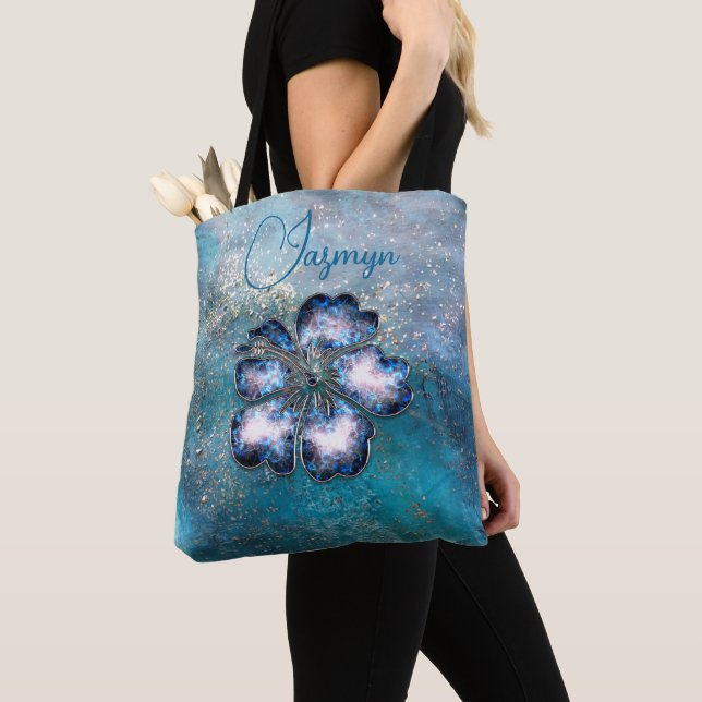 Glittery Magical Blue Hibiscus Personalised  Tote Bag (Close Up)