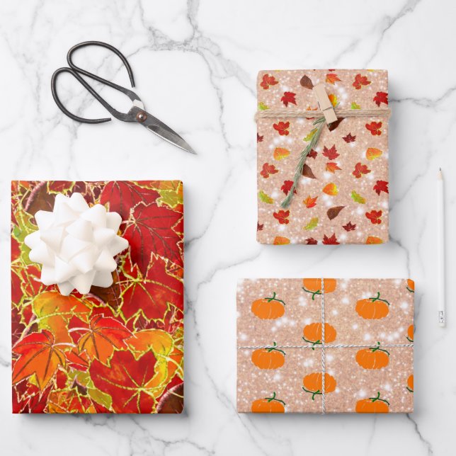Glittery Maple Leaves in the Fall/Autumn,  Pumpkin Wrapping Paper Sheet (Front)