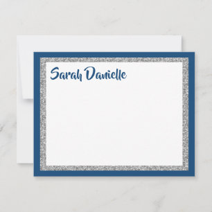 Glittery Navy Blue and Silver Thank You Flat Card