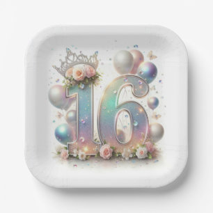 Glittery Number 16 with Balloons and Confetti Paper Plate