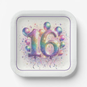 Glittery Number 16 with Balloons and Confetti Paper Plate
