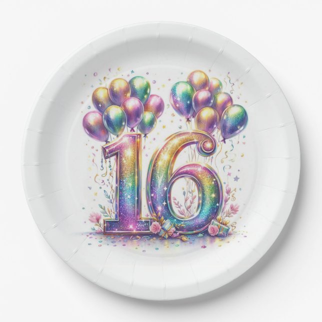 Glittery Number 16 with Balloons and Confetti Paper Plate (Front)