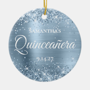 Glittery Pale Blue Quinceañera Photo Ceramic Ornament