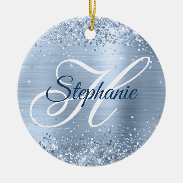 Glittery Pale Dusty Blue Foil Fancy Monogram Ceramic Ornament (Front)
