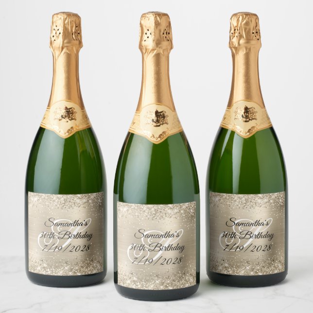 Glittery Pale Gold Foil Monogram 30th Birthday Sparkling Wine Label (Bottles)