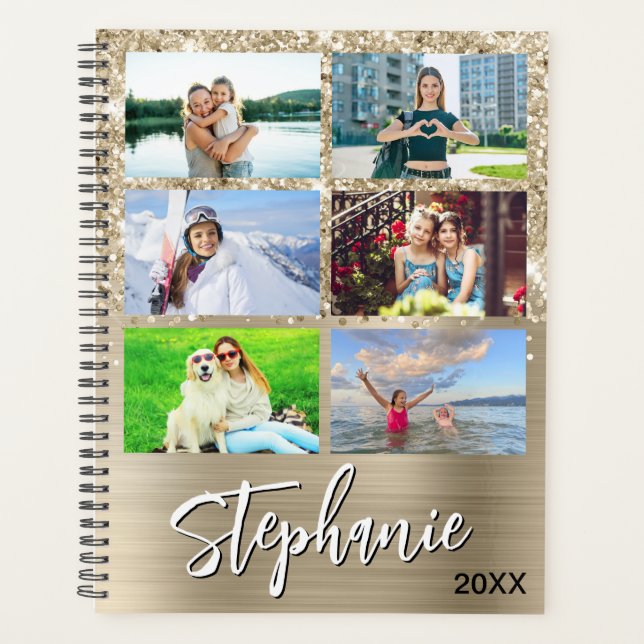 Glittery Pale Gold Glam 14 Photo Collage Planner (Front)