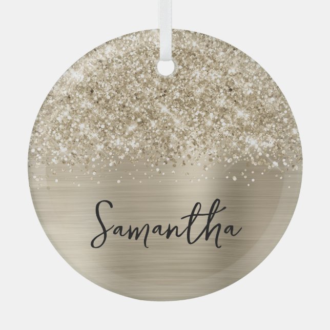 Glittery Pale Gold Glam Name Glass Tree Decoration (Front)