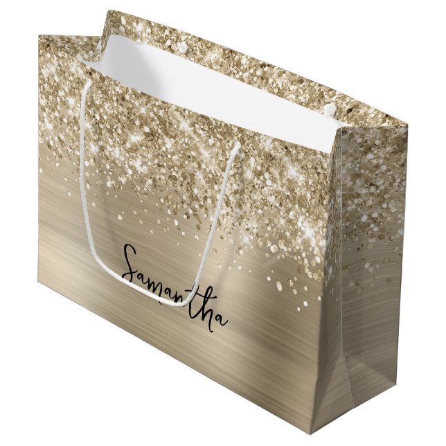 Glittery Pale Gold Glam Name Large Gift Bag (Front Angled)