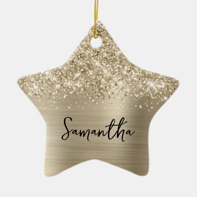 Glittery Pale Gold Glam Name Star Ceramic Ornament (Front)