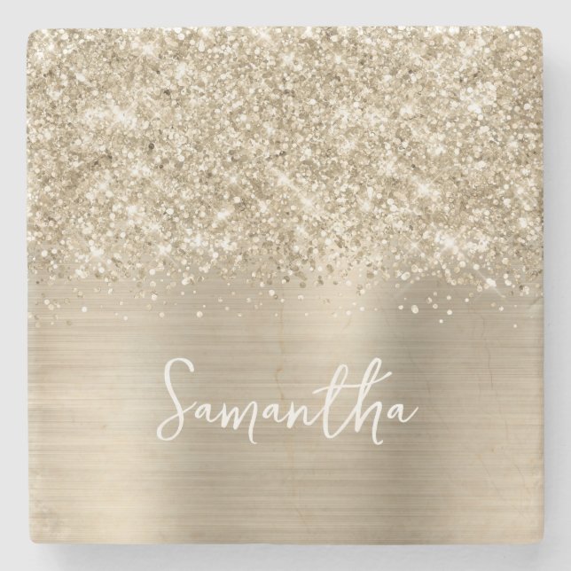 Glittery Pale Gold Glam Name Stone Coaster (Front)