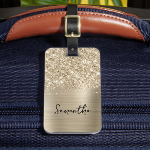 Glittery Pale Gold Glam Script Name Luggage Tag