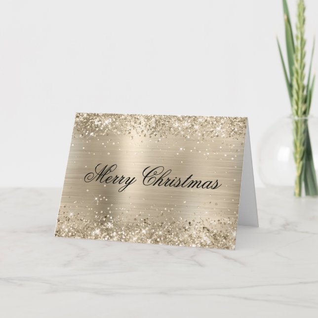 Glittery Pale Gold Metallic Pink Family Photo Card (Front)