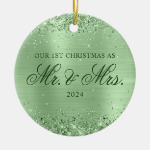 Glittery Pale Green Foil Our 1st Christmas Photo Ceramic Ornament