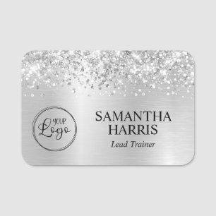 Glittery Pale Silver Grey Gradient Glam Logo Name Tag