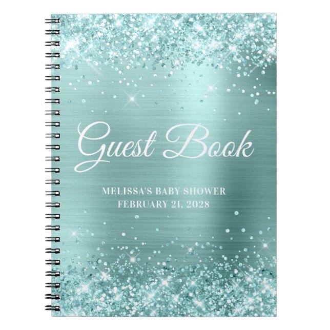 Glittery Pale Turquoise Baby Shower Guestbook Notebook (Front)