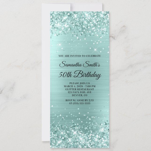 Glittery Pale Turquoise Foil 50th Birthday Invitation (Front)