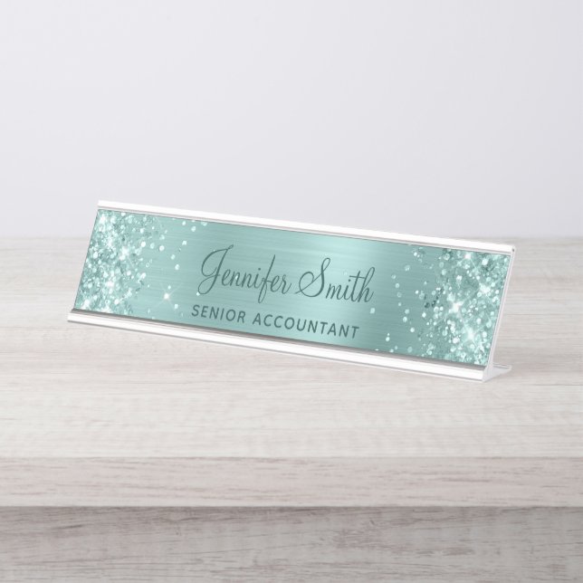 Glittery Pale Turquoise Foil Desk Name Plate (Front)