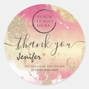Glittery pastel watercolor  logo script thank you  classic round sticker