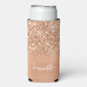 Glittery Peach Glam Script Name Seltzer Can Cooler