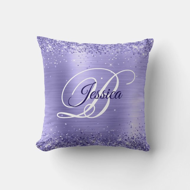 Glittery Periwinkle Foil Fancy Monogram Cushion (Front)