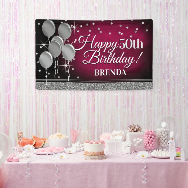 Glittery Pink and Silver Happy Birthday Banner (Party)