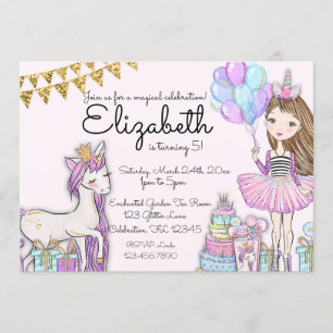 Glittery Pink Birthday Girl Unicorn Invitation