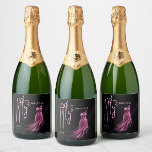 Glittery Pink Black Chic 50 & Fabulous Birthday Sparkling Wine Label